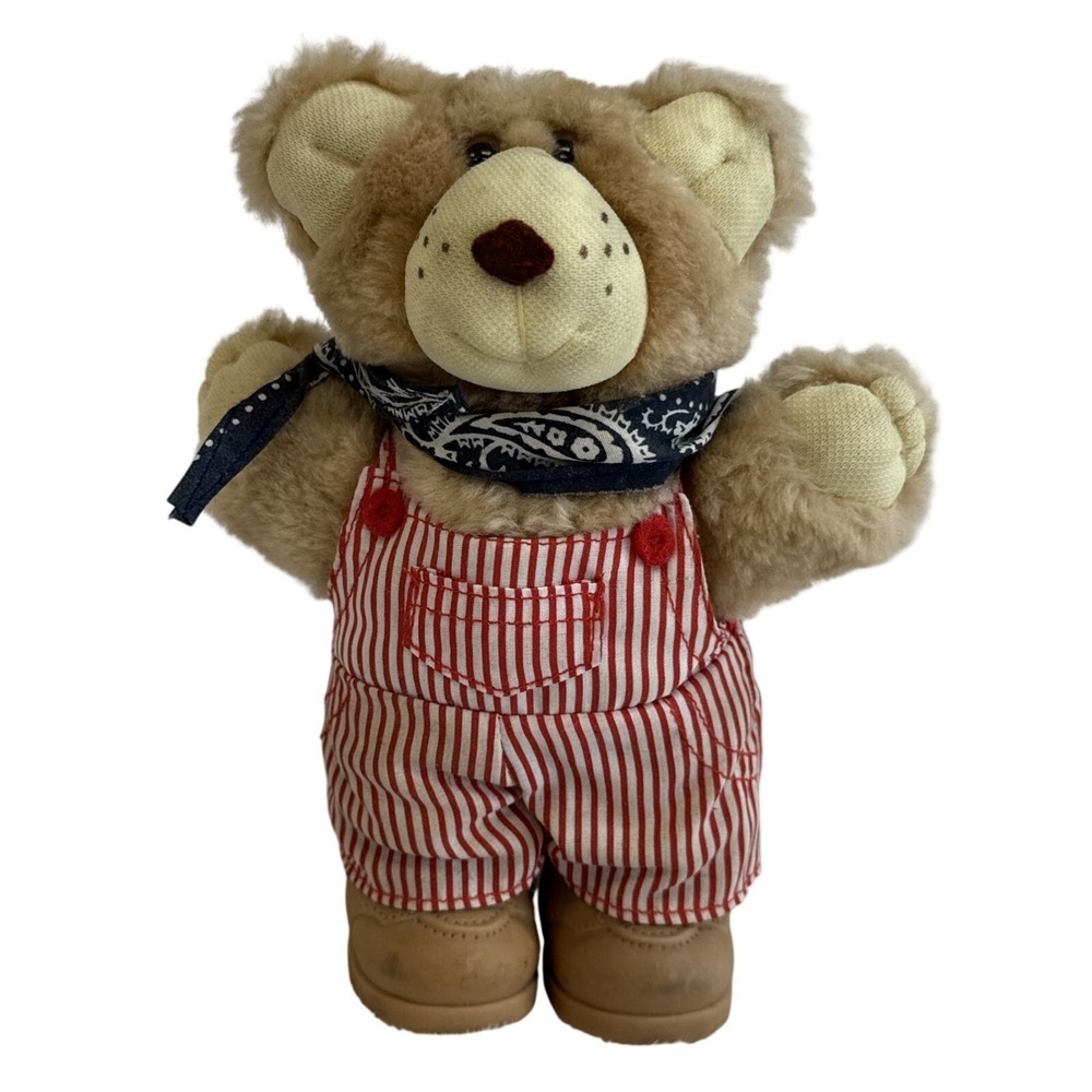 Furskins‎ Teddy Bear Plush Red White Stripe Overalls Bandana Boots